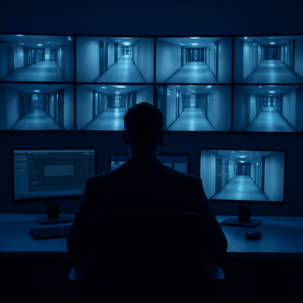 Sala de monitoreo con feeds de cámaras de un edificio